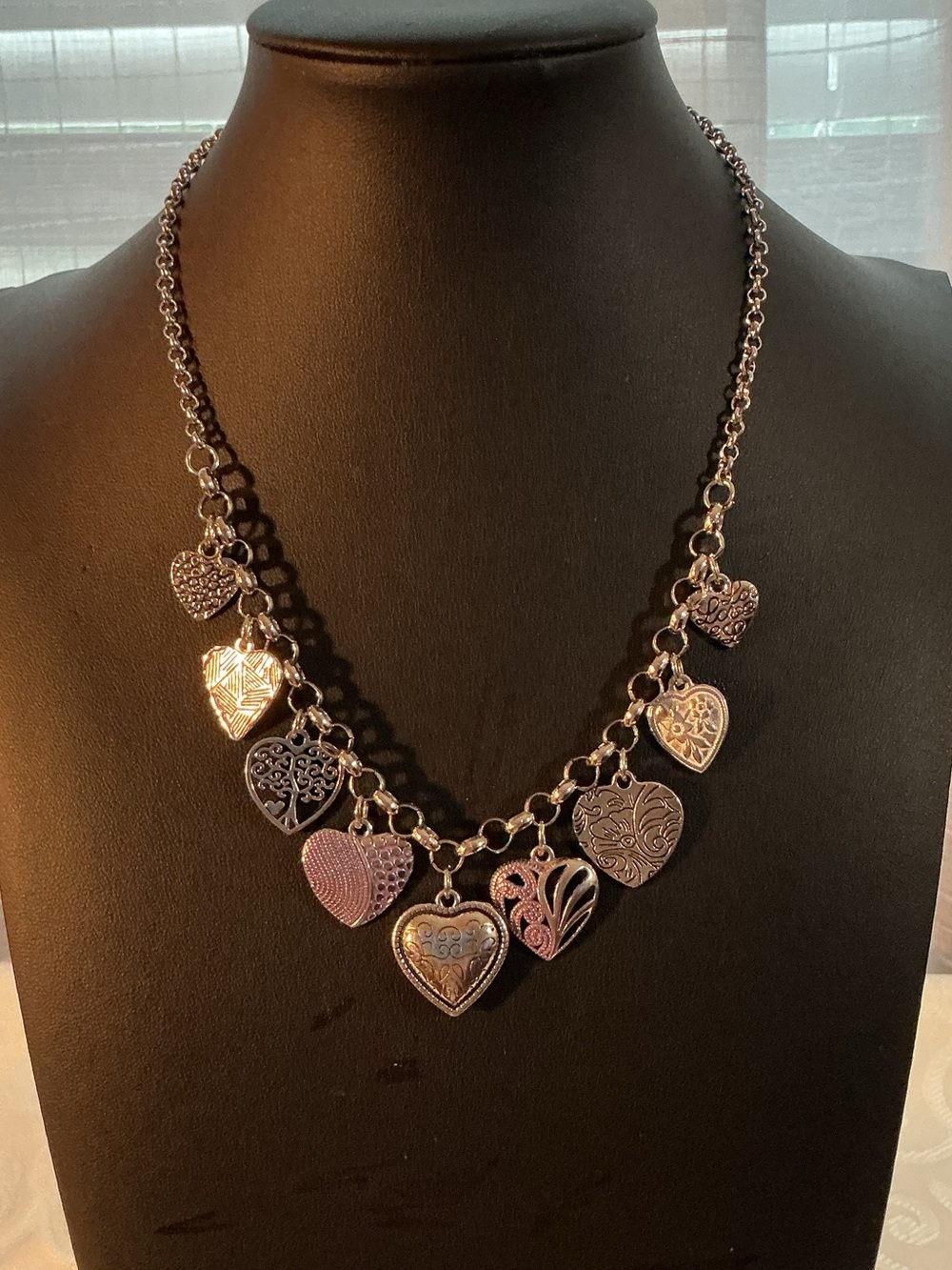 Heart Charm Textured Filigree Floral Antique Silver Tone Necklace